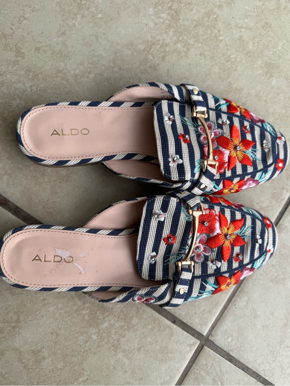 ALDO Navy & White Striped Floral Embroidered Slip-On Mules Size 10